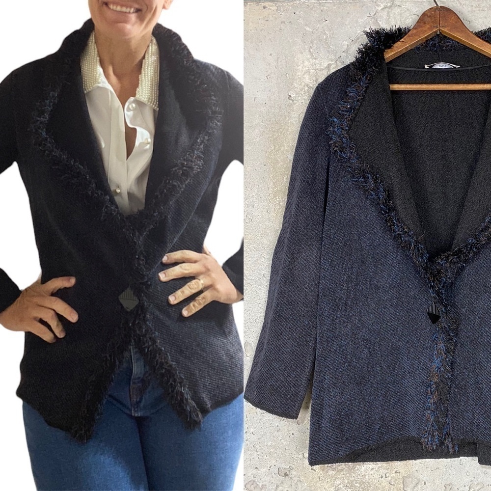 Vintage Brenda French black navy knit button front fringe cardigan medium